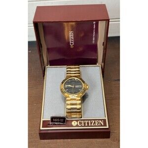 Vtg Citizen Men's 6100 Gold Toned Day Date Quartz Watch Bracelet Band in box